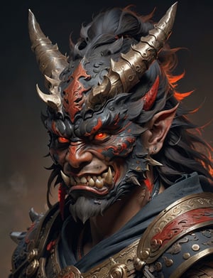 A male, painted oni face, dragon helm, large sharp teeth, wearing intricate samurai armor . red eyes, a glowing red sword of magic, Best quality rendering, serious face expression. Dark night,cinematic lighting,dark art ,Fog, head and shoulders portrait , hyper-detailed oil painting, art by Greg Rutkowski and (Norman Rockwell:1.5) , illustration style, symmetry , mideval dungeon setting , huayu