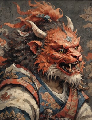 (close up, head and shoulders portrait:1.3), anthromorphic ( manticore :1.6), oni_horns, samurai , samurai armor , brown, tangerine, sapphire , white and black color scheme , (dark background:1.2), Ukiyo-e,ink,colorful,shogun