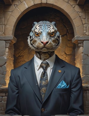 creative magic creature art, creature fusion ( tiger :1.6) (turtle :1.8), (bioluminescence :2), wearing business suit, glowing eyes, head and shoulders portrait , hyper-detailed oil painting, art by Greg Rutkowski and (Norman Rockwell:1.5) , illustration style, symmetry , inside a medieval dungeon, cracked stone walls , huayu
