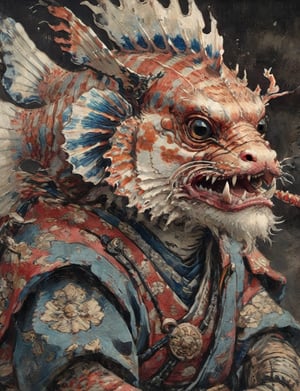 (close up, head and shoulders portrait:1.3), (anthromorphic lion fish :1.6), oni_horns, samurai , samurai armor , brown, blue, violet , white and black color scheme , (dark background:1.2), Ukiyo-e,ink,colorful,shogun
