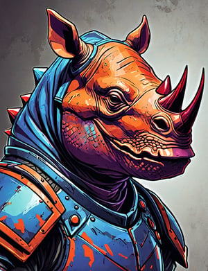 (close up, head and shoulders portrait:1.3), orange and red gradient , (anthromorphic rhino lizard :1.6), wearing blue and violet sci-fi polycarbonate armor, (strong outline sketch style:1.5), gritty fantasy, (darkest dungeon art style :1.4), dark muted background, detailed