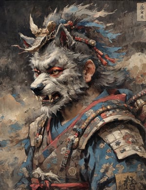 (close up, head and shoulders portrait:1.3), (anthromorphic wolf :1.6), oni_horns, samurai , samurai armor , brown, blue, violet , white and black color scheme , (dark background:1.2), Ukiyo-e,ink,colorful,shogun