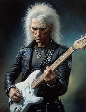 (head and shoulders portrait:1.2), C. C. Deville, a heavy metal guitarist, (playing guitar:1.2), performing on stage, white hair, wearing leather jacket, metal studs, chains, looking at the camera,  surreal fantasy, close-up view, chiaroscuro lighting, no frame, hard light, art by Zdzisław Beksiński,digital artwork by Beksinski