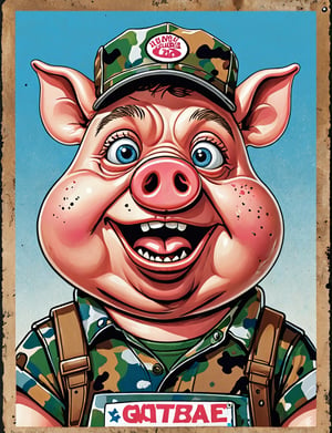 (close up, head and shoulders portrait:1.5), An extremely detailed 1980s (cartoon caricature:1.5), (oversized head caricature:1.3), anthropomorphic pig , wearing camouflage , grunge , dystopian, in the style of garbage pail kids