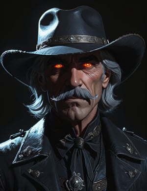 (head and shoulders portrait:1.2), Sam Elliott as vampire cowboy , (wide handlebar mustache:1.3), cowboy hat , holographic glowing eyes, wearing power armor outfit , (outline sketch style:1.5), surreal fantasy, close-up view, chiaroscuro lighting, no frame, hard light,Expressiveh,concept art,dark theme