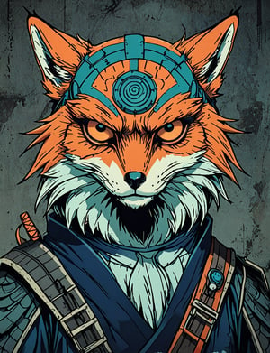 (close up, head and shoulders portrait:1.5), orange, teal, blue, violet gradient , (anthromorphic fox owl :1.5), samurai, wearing samurai armor, (strong outline sketch style:1.5), symmetrical features, gritty fantasy, (darkest dungeon art style :1.4), dark muted background, detailed,one_piece_wano_style,Dark Manga of