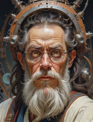 Sci-fi wild eyed wizard wearing half-rim spectacles, looking intently at the viewer, menacing angry expression, glowing eyes, cyborg, long beard , head and shoulders portrait , hyper-detailed oil painting, art by Greg Rutkowski and (Norman Rockwell:1.5) , illustration style, symmetry , inside alien starship interior , huayu