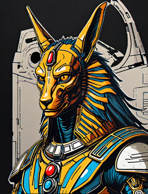 (close up, head and shoulders portrait:1.5), An extremely detailed 1970s retro-future anthropomorphic (manticore:1.2) (Anubis :1.4) robot, centered, (strong outline sketch style:1.5), (flat silkscreen art style:1.8), minimal flat dark background, red, orange, sapphire, black and white tones, masterpiece, epic, by pascal blanche rutkowski repin artstation painting concept art of detailed character design matte painting, 4 k resolution blade runner, dark muted background, detailed, comic book,dcas_lora