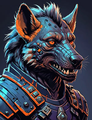 (close up, head and shoulders portrait:1.3), black and orange gradient , (anthromorphic hyena manticore :1.6), wearing blue and violet sci-fi polycarbonate armor, (strong outline sketch style:1.5), gritty fantasy, (darkest dungeon art style :1.4), dark muted background, detailed