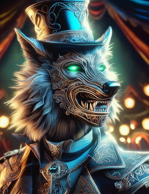 (head and shoulders portrait:1.2), (anthropomorphic wolf :1.3) as circus performer , zorro mask, jester hat, holographic glowing eyes, wearing circus outfit , (outline sketch style:1.5), surreal fantasy, close-up view, chiaroscuro lighting, no frame, hard light, in the style of esao andrews, DonM3lv3nM4g1cXL