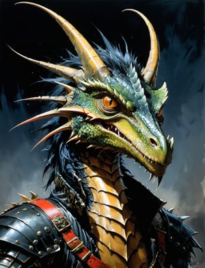 art by simon bisley, art by ralph steadman, art by vallejo, a masterpiece, stunning detail, (head and shoulders portrait:1.3), (anthropomorphic (dragon1.4)  (pterodactyl :1.2) :1.3), supreme wearing black leather armor, creature fur scales , dark background 