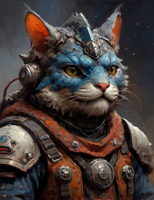 (close up, head and shoulders portrait:1.3), anthromorphic cat toad, oni-horns, futuristic power armor, bounty hunter , triadic colors, moonster