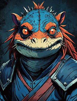 (close up, head and shoulders portrait:1.5), red, orange, blue, violet gradient ,(anthromorphic ((razorback)) reptile toad:1.5), samurai, wearing samurai armor, (strong outline sketch style:1.5), symmetrical features, gritty fantasy, (darkest dungeon art style :1.4), dark muted background, detailed, one_piece_wano_style, Dark Manga of,anime screencap,Dark Anime of