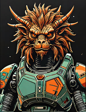 (close up, head and shoulders portrait:1.5), An extremely detailed 1970s retro-future anthropomorphic (martian :1.2) (manticore :1.4) robot, centered, (strong outline sketch style:1.5), (flat silkscreen art style:1.9), (solid dark background:1.2), (retro color scheme), masterpiece, epic, by pascal blanche rutkowski repin artstation painting concept art of detailed character design matte painting, 4 k resolution blade runner, dark muted background, detailed, comic book,dcas_lora