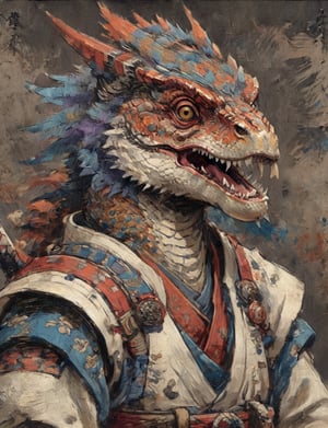 (close up, head and shoulders portrait:1.3), (anthromorphic velociraptor :1.6), oni_horns, samurai , samurai armor , brown, blue, violet , white and black color scheme , (dark background:1.2), Ukiyo-e,ink,colorful,shogun