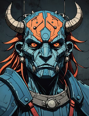 (close up, head and shoulders portrait:1.5), red, orange, blue gradient ,(anthropomorphic bison robot :1.5), (angular shapes:1.7), samurai, wearing samurai armor, (strong outline sketch style:1.5), symmetrical features, gritty fantasy, (darkest dungeon art style :1.4), dark muted background, detailed, one_piece_wano_style, Dark Manga of,anime screencap,Dark Anime of