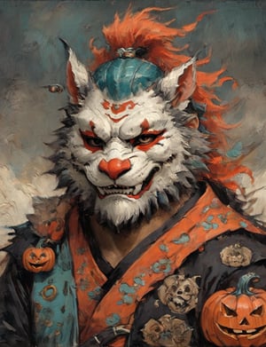 (close up, head and shoulders portrait:1.3), anthromorphic ( manticore :1.4) (neck and chest fur:1.5), (wearing a jack-o-lantern mask :2.5), jack-o-lantern , samurai helmet, oni_horns, samurai , black samurai armor, red, aqua, orange, blue , white and black color scheme , (dark Halloween background:1.2), Disney pixar style,Ukiyo-e,ink,colorful,shogun