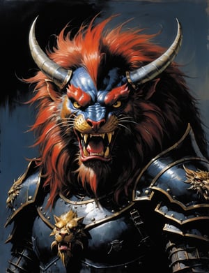 art by simon bisley, art by ralph steadman, art by vallejo, a masterpiece, stunning detail, (head and shoulders portrait:1.3), (anthropomorphic manticore:1.3), supreme wearing black leather armor , dark background 