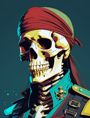 head and shoulders portrait, Skeleton, captain pirate, 80s anime style, glitch art, flat colors, key visual, vibrant, studio anime, minimalistic, (style of Charlie Bowater, (style of moebius:1.2):1.15), 