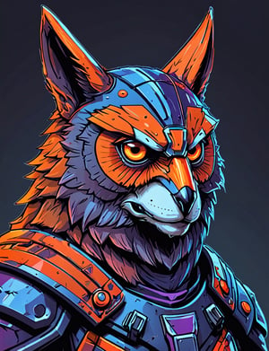 (close up, head and shoulders portrait:1.3), orange and red gradient , (anthromorphic owl wolf :1.6), rabbit ears, wearing blue and violet sci-fi polycarbonate armor, (strong outline sketch style:1.5), gritty fantasy, (darkest dungeon art style :1.4), dark muted background, detailed