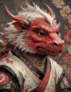 (close up, head and shoulders portrait:1.3), anthromorphic ( babirusa :1.2) dragon, samurai , black samurai armor, brown, red , white and black color scheme , (dark background:1.2), Disney pixar style,Ukiyo-e,ink,colorful,shogun