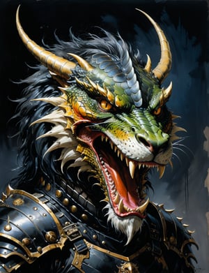 art by simon bisley, art by ralph steadman, art by vallejo, a masterpiece, stunning detail, (head and shoulders portrait:1.3), (anthropomorphic (dragon1.4)  (tiger:1.1) :1.3), supreme wearing black leather armor, creature fur scales , dark background 