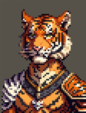 Head and shoulders portrait, anthropomorphic tiger warrior ,  pixel art, PixArFK, ,Pixel Art