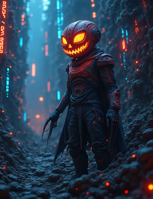 A futuristic anime figure with a jack-o-lantern on his head, dressed in neon-lit armor, explores a binary matrix digital world. Framed within a swirling vortex of 1s and 0s, the cyborg's eyes glow bright blue as it navigates through a maze of glitching pixels and distorted holographic projections. The atmospheric lighting blends digital mess with real-world elements, creating a trippy fusion of futuristic cityscapes and abstract art.