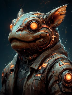 (close up, head and shoulders portrait:1.3), anthromorphic, High tech cybernetic (toad :1.2) (wolpertinger :1.7), multi Eyes,Glowing mechanical eyes, high-tech cybernetic body, futuristic power armor, bounty hunter ,xl_cpscavred,mad-cyberspace,cyberpunk