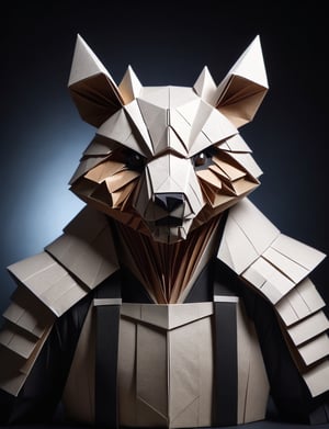 (head and shoulders portrait:2.5), (angry glaring villian paper panda warrior :2), menacing expression, wearing paper armor , made out of folded paper, origami,  light and delicate tones, clear contours, cinematic quality, dark background, highly detailed, chiaroscuro, ral-orgmi