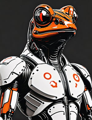 (close up, head and shoulders portrait:1.5), An extremely detailed 1970s retro-future anthropomorphic (frog:1.2) (tiger:1.1) robot, centered, (strong outline sketch style:1.5), (flat silkscreen art style:1.4), minimal dark background, red, orange, black and white tones, masterpiece, epic, sharp focus,, by pascal blanche rutkowski repin artstation painting concept art of detailed character design matte painting, 4 k resolution blade runner, dark muted background, detailed, comic book,dcas_lora