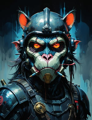 art by simon bisley, art by ralph steadman, art by vallejo, a masterpiece, stunning detail, (head and shoulders portrait:1.3), (anthropomorphic (death trooper:1.7)  (mandrill :1.7) oni :1.3), oni_horns, samurai helmet, neuromancer, cyberpunk, holographic glowing, glowing eyes, wearing black leather armor, creature fur scales , dark background , tangerine and sapphire color scheme 