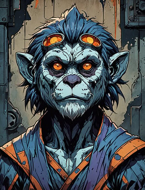 (close up, head and shoulders portrait:1.5), violet, orange, blue gradient ,(anthropomorphic bengal langur yeti :1.5), (angular shapes:1.7), samurai, wearing samurai armor, (strong outline sketch style:1.5), symmetrical features, gritty fantasy, (darkest dungeon art style :1.4), dark muted background, detailed, Dark Manga of,Dark Anime of,comic book