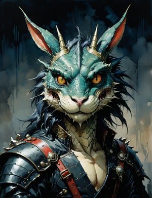 art by simon bisley, art by ralph steadman, art by vallejo, a masterpiece, stunning detail, (head and shoulders portrait:1.3), (anthropomorphic (dragon1.4)  (rabbit :1.2) :1.3), supreme wearing black leather armor, creature fur scales , dark background 