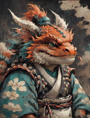 (close up, head and shoulders portrait:1.3), anthromorphic ( toad :1.2) dragon, oni_horns, samurai , black samurai armor, brown, tangerine teal, white and black color scheme , (dark background:1.2), Disney pixar style,Ukiyo-e,ink,colorful,shogun