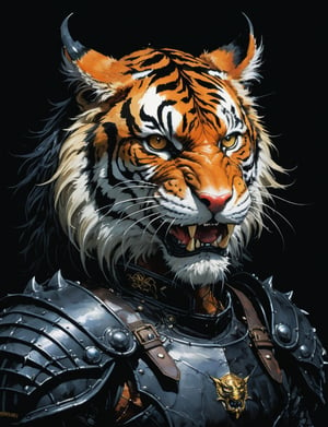 art by simon bisley, art by ralph steadman, art by vallejo, a masterpiece, stunning detail, (head and shoulders portrait:1.3), (anthropomorphic dragon tiger:1.3), supreme wearing black leather armor , dark background 