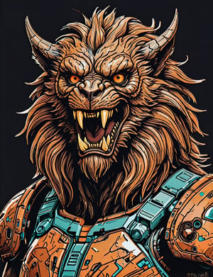 (close up, head and shoulders portrait:1.5), An extremely detailed 1970s retro-future anthropomorphic (werewolf :1.2) (manticore :1.4) robot, centered, (strong outline sketch style:1.5), (flat silkscreen art style:1.9), (solid dark background:1.2), (retro color scheme), masterpiece, epic, by pascal blanche rutkowski repin artstation painting concept art of detailed character design matte painting, 4 k resolution blade runner, dark muted background, detailed, comic book,dcas_lora