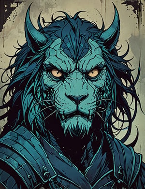 (close up, head and shoulders portrait:1.5), tangerine, teal, blue, violet gradient , (anthromorphic manticore :1.5), samurai wearing samurai armor, (strong outline sketch style:1.5), symmetrical features, gritty fantasy, (darkest dungeon art style :1.4), dark muted background, detailed,Dark Manga of