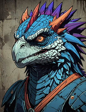 (close up, head and shoulders portrait:1.5), red, orange, blue, violet gradient ,(anthromorphic stegosaurus eagle:1.5), samurai, wearing samurai armor, (strong outline sketch style:1.5), symmetrical features, gritty fantasy, (darkest dungeon art style :1.4), dark muted background, detailed, one_piece_wano_style, Dark Manga of,anime screencap,Dark Anime of