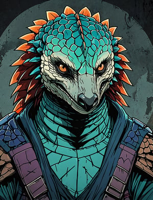 (close up, head and shoulders portrait:1.5), red, orange, green, teal, aqua, blue, violet gradient ,(anthromorphic pangolin:1.5), samurai, wearing samurai armor, (strong outline sketch style:1.5), symmetrical features, gritty fantasy, (darkest dungeon art style :1.4), dark muted background, detailed, one_piece_wano_style, Dark Manga of,anime screencap,Dark Anime of