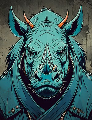 (close up, head and shoulders portrait:1.5), orange, teal, blue, violet gradient , (anthromorphic rhino bison :1.5), samurai, wearing samurai armor, (strong outline sketch style:1.5), symmetrical features, gritty fantasy, (darkest dungeon art style :1.4), dark muted background, detailed,one_piece_wano_style,Dark Manga of