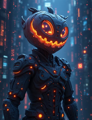 close up head and shoulders portrait of a futuristic anime figure with a jack-o-lantern on his head, dressed in neon-lit armor, explores a binary matrix digital world. Framed within a swirling vortex of 1s and 0s, the cyborg's eyes glow bright blue as it navigates through a maze of glitching pixels and distorted holographic projections. The atmospheric lighting blends digital mess with real-world elements, creating a trippy fusion of futuristic cityscapes and abstract art.