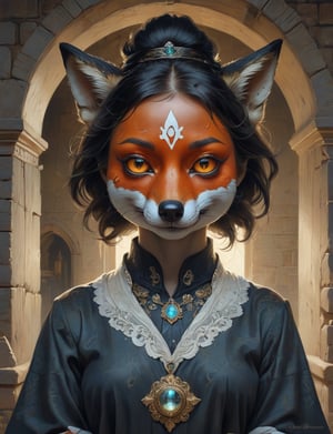 creative magic creature art, creature fusion ( crow :1.6) (fox :1.8), female, prominent eyelashes, (bioluminescence :2), wearing business blouse , glowing eyes, head and shoulders portrait , hyper-detailed oil painting, art by Greg Rutkowski and (Norman Rockwell:1.5) , illustration style, symmetry , inside a medieval dungeon, cracked stone walls , huayu