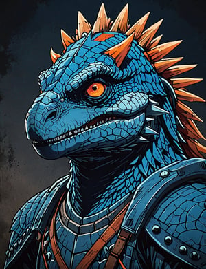 (close up, head and shoulders portrait:1.5), red, orange, blue, violet gradient ,(anthromorphic ((stegosaurus)) eagle:1.5), samurai, wearing samurai armor, (strong outline sketch style:1.5), symmetrical features, gritty fantasy, (darkest dungeon art style :1.4), dark muted background, detailed, one_piece_wano_style, Dark Manga of,anime screencap,Dark Anime of