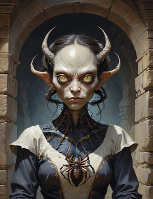 creative magic creature art, anthropomorphic creature fusion ( spider :1.6) (alien :1.8), female, prominent eyelashes, (bioluminescence :2), wearing business blouse , glowing eyes, head and shoulders portrait , hyper-detailed oil painting, art by Greg Rutkowski and (Norman Rockwell:1.5) , illustration style, symmetry , inside a medieval dungeon, cracked stone walls , huayu