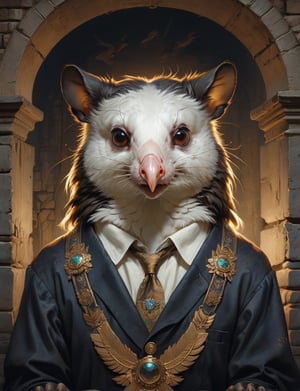creative magic creature art, anthropomorphic creature fusion ( opossum :1.6) (eagle :1.8), prominent eyelashes, (bioluminescence :2), wearing business blouse , glowing eyes, head and shoulders portrait , hyper-detailed oil painting, art by Greg Rutkowski and (Norman Rockwell:1.5) , illustration style, symmetry , inside a medieval dungeon, cracked stone walls , huayu
