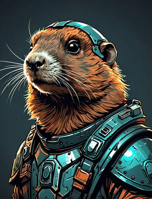 (close up, head and shoulders portrait:1.3), (anthromorphic marmot :1.6), wearing sci-fi polycarbonate armor, (strong outline sketch style:1.5), gritty fantasy, (darkest dungeon art style :1.4), dark muted background, tangerine and teal colors, detailed