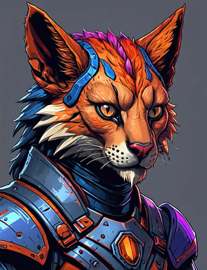 (close up, head and shoulders portrait:1.3), red and orange gradient , (anthromorphic serval manticore :1.6), wearing blue and violet sci-fi polycarbonate armor, (strong outline sketch style:1.5), gritty fantasy, (darkest dungeon art style :1.4), dark muted background, detailed