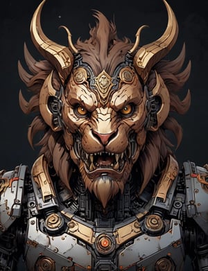 A male, a (robot manticore :3), face made of metal, precious jewels, dark interior sci-fi background, head and shoulders portrait , flat 2.5d art, cell shading , hyper-detailed comic book art style , illustration style, art by Darius Puia BakaArts, symmetry , sci-fi interior setting ,comic book
