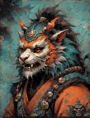 (close up, head and shoulders portrait:1.3), anthromorphic ( manticore :1.4) (neck and chest fur:1.5), (wearing a jack-o-lantern mask;1.7), jack-o-lantern , samurai helmet, oni_horns, samurai , black samurai armor, red, aqua, orange, blue , white and black color scheme , (dark Halloween background:1.2), Disney pixar style,Ukiyo-e,ink,colorful,shogun